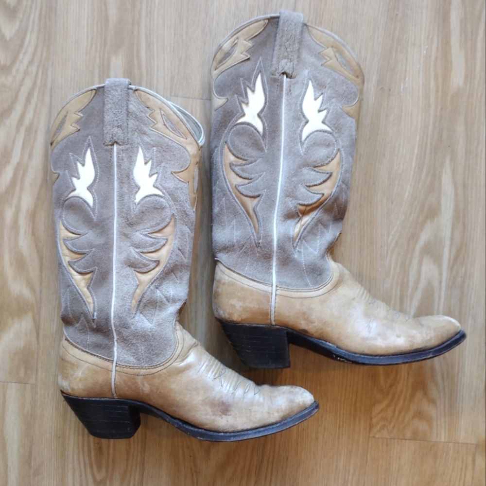 Vintage Dan Post 80s Tan Suede/Leather Inlay Western Boots Slant Heel SZ 6